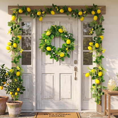 3 Pcs Artificial Lemon Garland Set Includes 18 Inch Lemon Wreath, 2pcs (13ft Total) Lemons Vine Garland Faux Fruit with Greenery for Wedding Party Wall Mantle Table Kitchen Door Summer Decor