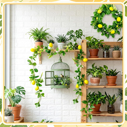 3 Pcs Artificial Lemon Garland Set Includes 18 Inch Lemon Wreath, 2pcs (13ft Total) Lemons Vine Garland Faux Fruit with Greenery for Wedding Party Wall Mantle Table Kitchen Door Summer Decor