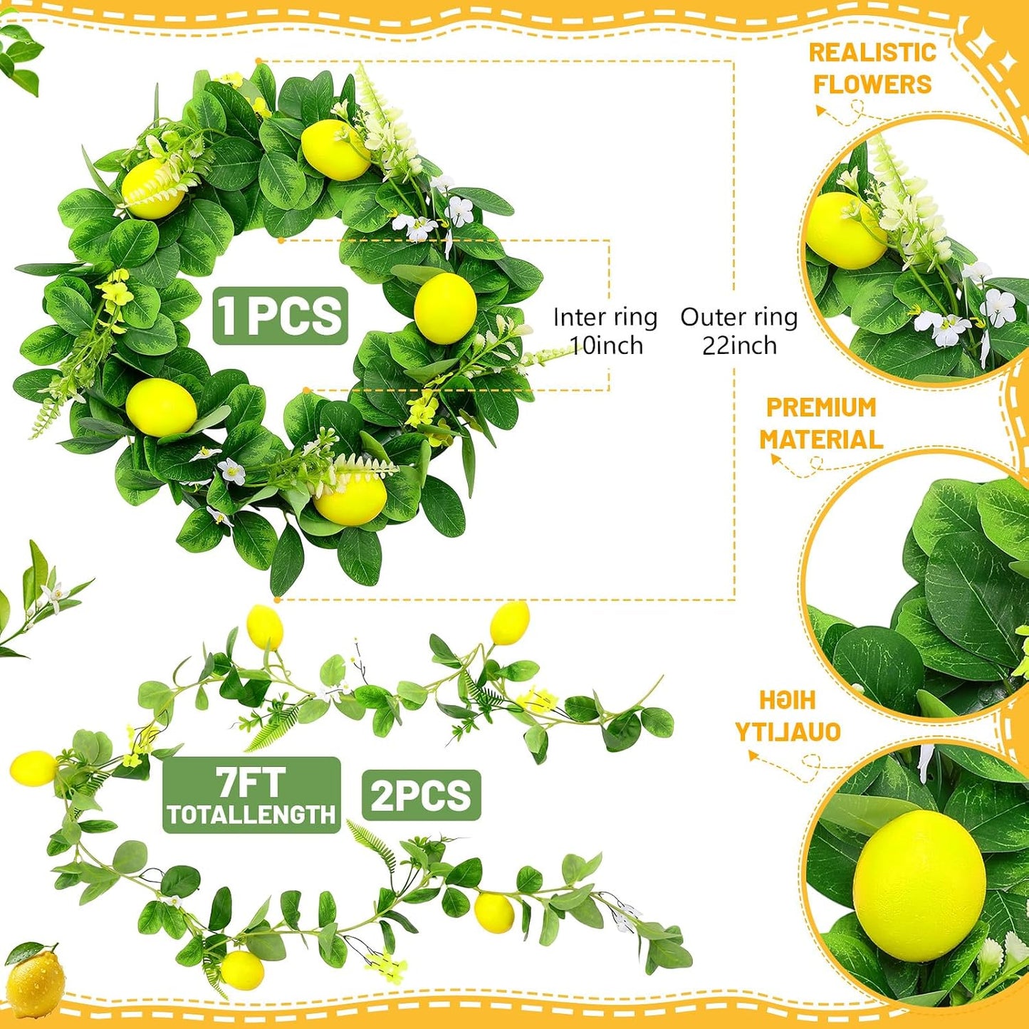 3 Pcs Artificial Lemon Garland Set Includes 18 Inch Lemon Wreath, 2pcs (13ft Total) Lemons Vine Garland Faux Fruit with Greenery for Wedding Party Wall Mantle Table Kitchen Door Summer Decor