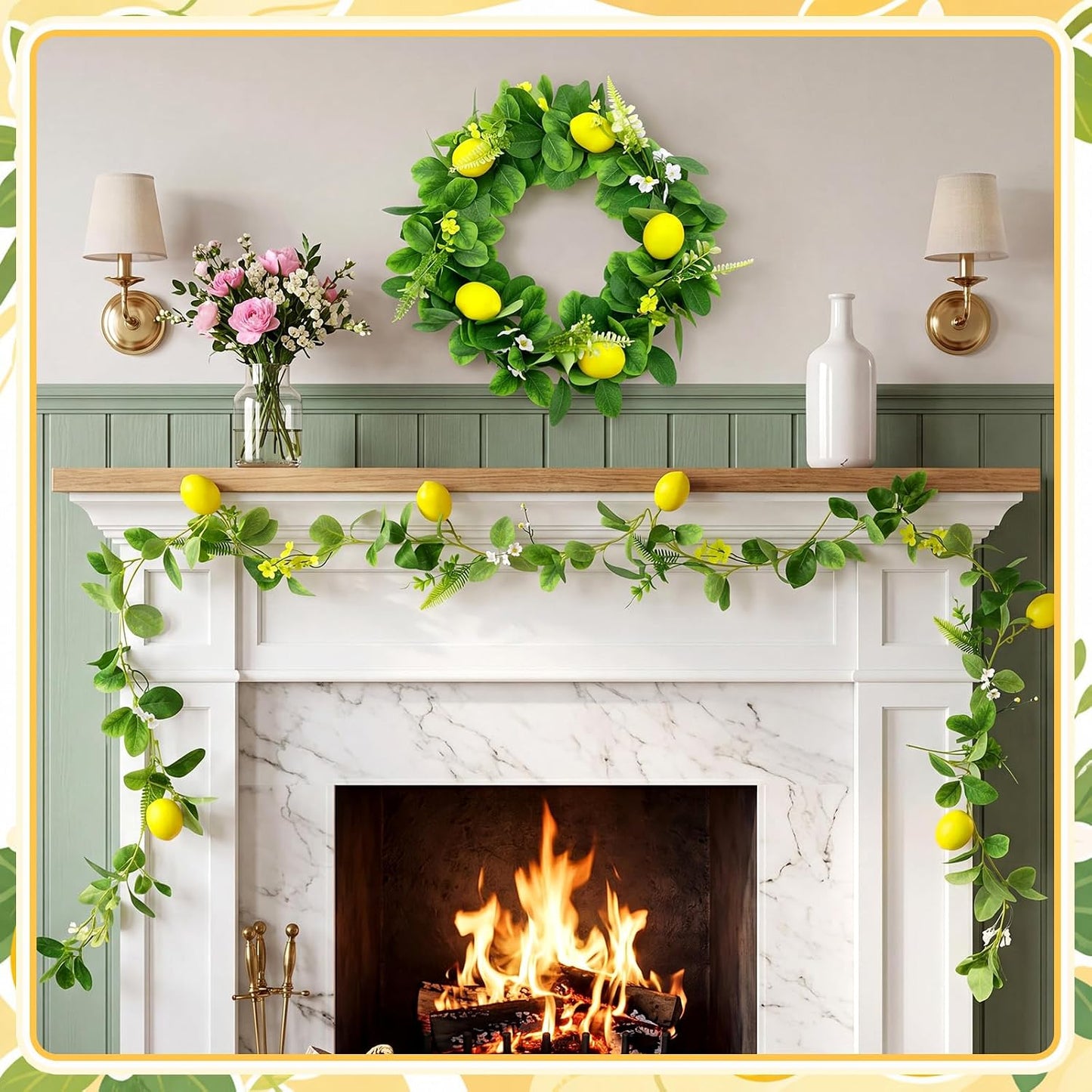3 Pcs Artificial Lemon Garland Set Includes 18 Inch Lemon Wreath, 2pcs (13ft Total) Lemons Vine Garland Faux Fruit with Greenery for Wedding Party Wall Mantle Table Kitchen Door Summer Decor