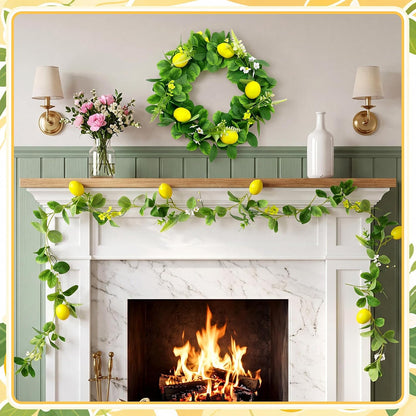 3 Pcs Artificial Lemon Garland Set Includes 18 Inch Lemon Wreath, 2pcs (13ft Total) Lemons Vine Garland Faux Fruit with Greenery for Wedding Party Wall Mantle Table Kitchen Door Summer Decor