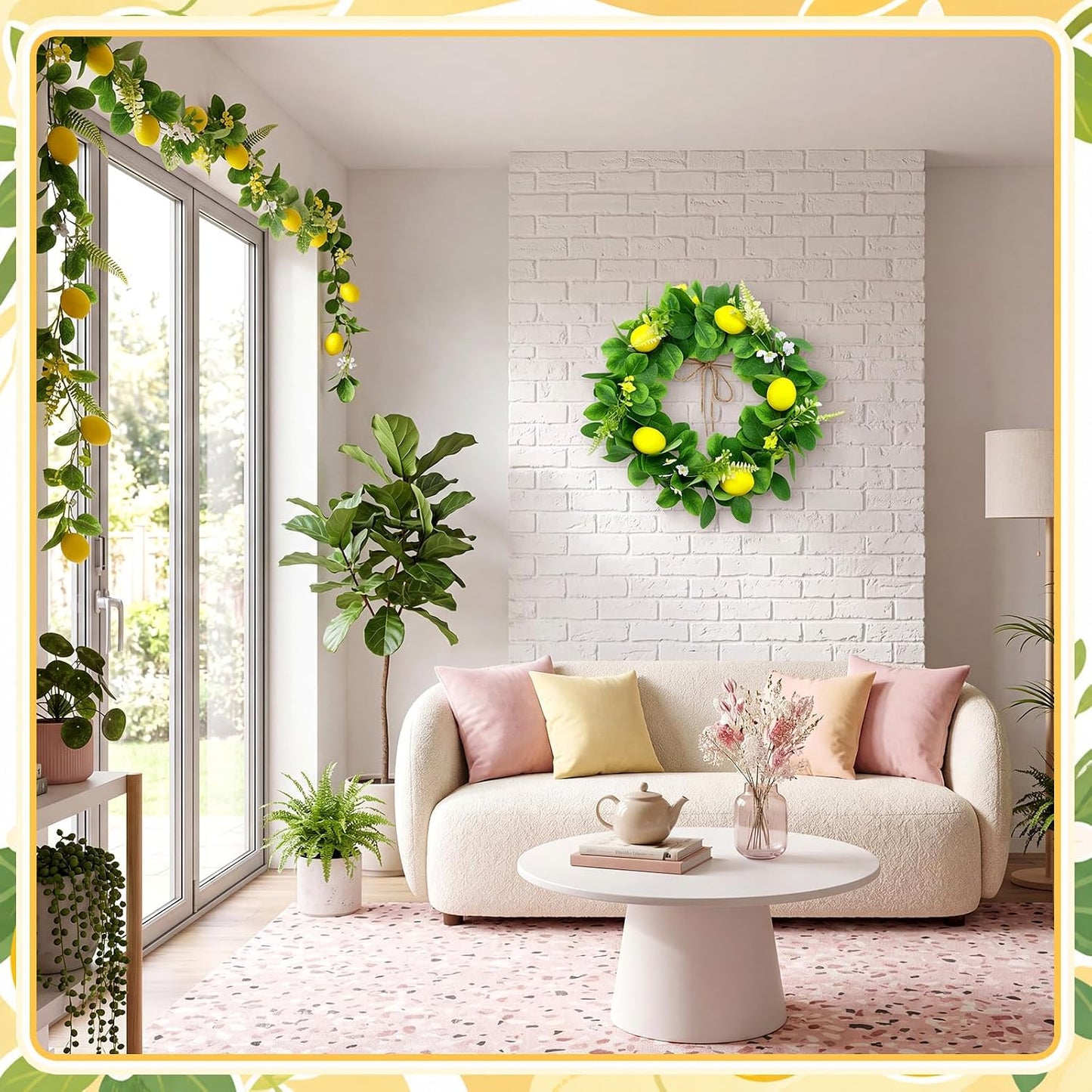 3 Pcs Artificial Lemon Garland Set Includes 18 Inch Lemon Wreath, 2pcs (13ft Total) Lemons Vine Garland Faux Fruit with Greenery for Wedding Party Wall Mantle Table Kitchen Door Summer Decor