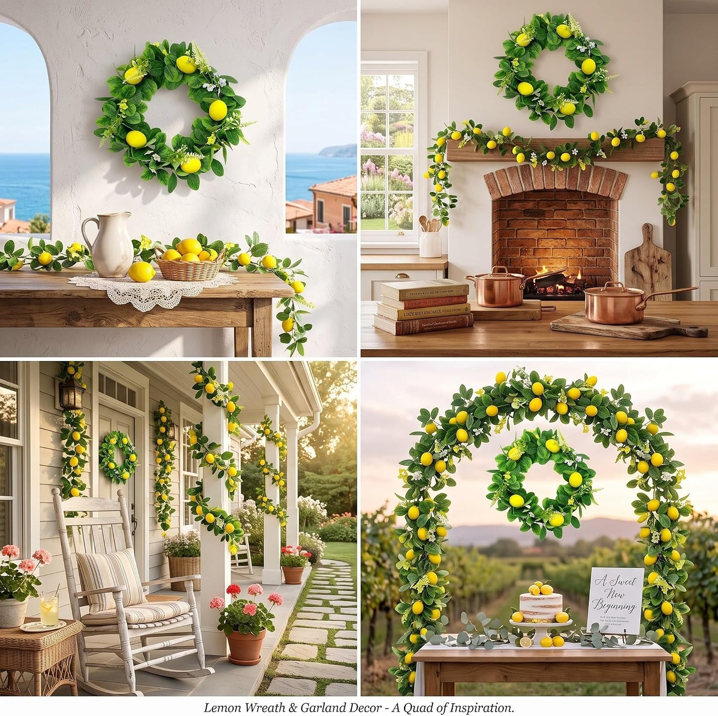 3 Pcs Artificial Lemon Garland Set Includes 18 Inch Lemon Wreath, 2pcs (13ft Total) Lemons Vine Garland Faux Fruit with Greenery for Wedding Party Wall Mantle Table Kitchen Door Summer Decor