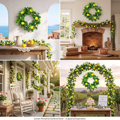 3 Pcs Artificial Lemon Garland Set Includes 18 Inch Lemon Wreath, 2pcs (13ft Total) Lemons Vine Garland Faux Fruit with Greenery for Wedding Party Wall Mantle Table Kitchen Door Summer Decor