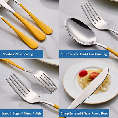 20-Piece yellow Silverware Set, 18/0 Stainless Steel yellow Handle Flatware Set, Service for 4, Modern Cutlery Set Includes Dinner Knives Forks Spoons, Mirror Polished, Dishwasher Safe