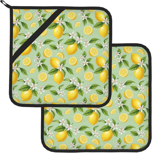 Lemon Pattern Pot Holders Set of 2, Heat Resistant Kitchen Potholders with Green Background, Yellow Lemons and White Flowers Design