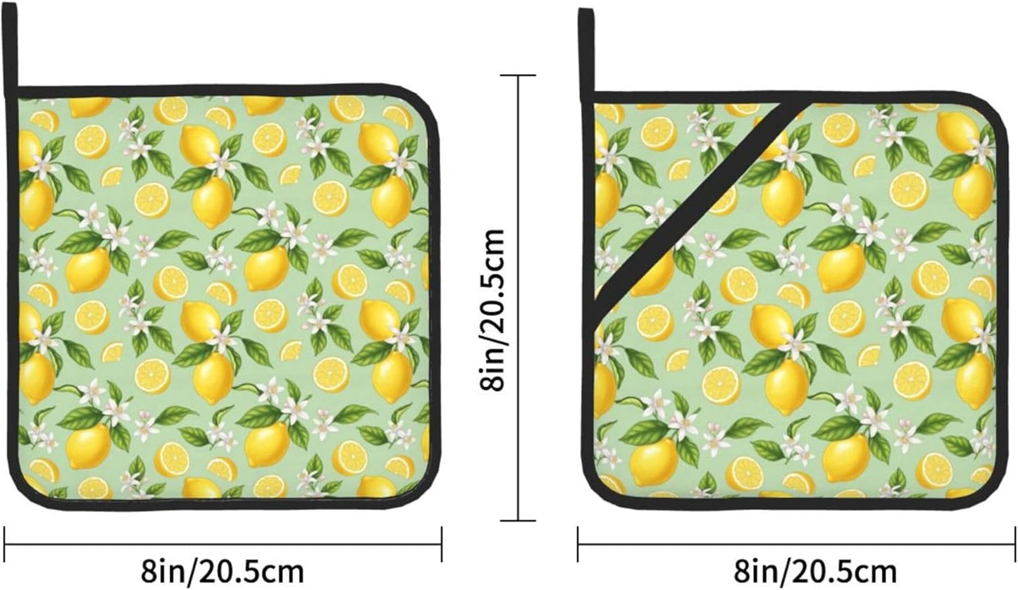 Lemon Pattern Pot Holders Set of 2, Heat Resistant Kitchen Potholders with Green Background, Yellow Lemons and White Flowers Design