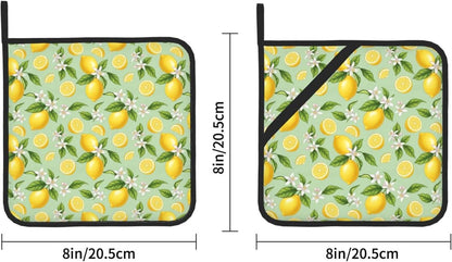 Lemon Pattern Pot Holders Set of 2, Heat Resistant Kitchen Potholders with Green Background, Yellow Lemons and White Flowers Design