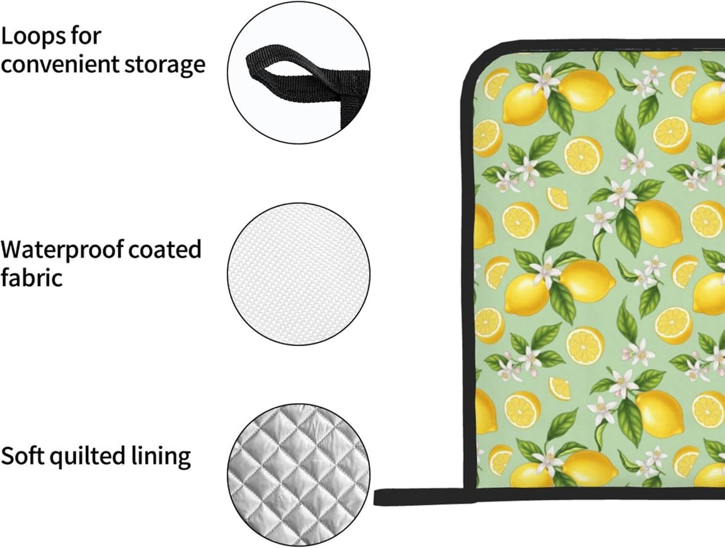 Lemon Pattern Pot Holders Set of 2, Heat Resistant Kitchen Potholders with Green Background, Yellow Lemons and White Flowers Design