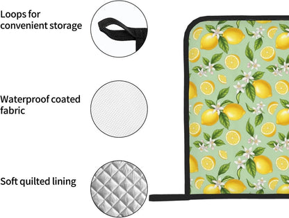 Lemon Pattern Pot Holders Set of 2, Heat Resistant Kitchen Potholders with Green Background, Yellow Lemons and White Flowers Design