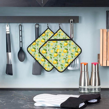 Lemon Pattern Pot Holders Set of 2, Heat Resistant Kitchen Potholders with Green Background, Yellow Lemons and White Flowers Design