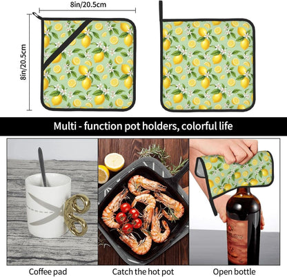 Lemon Pattern Pot Holders Set of 2, Heat Resistant Kitchen Potholders with Green Background, Yellow Lemons and White Flowers Design
