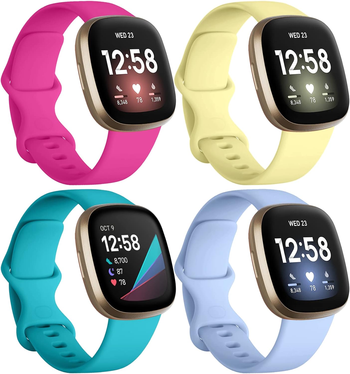 4 Pack Bands Compatible with Fitbit Versa 3 / Sense, Soft TPU Sport Strap Replacement Sense Smartwatch Wristband for Women Men Colorfull Accessories, Large, Rose Teal Lilac Yellow