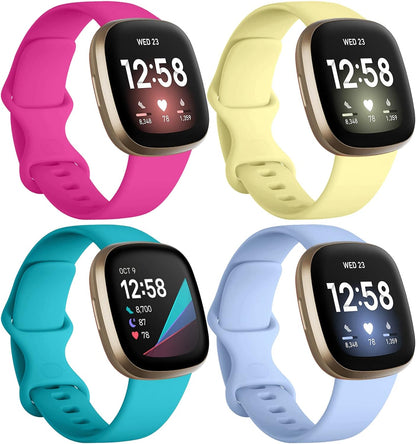4 Pack Bands Compatible with Fitbit Versa 3 / Sense, Soft TPU Sport Strap Replacement Sense Smartwatch Wristband for Women Men Colorfull Accessories, Large, Rose Teal Lilac Yellow