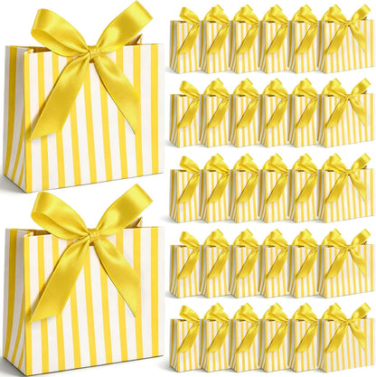 30 Pcs Small Yellow White Striped Gift Bags Blue Bachelorette Bags | 4.53 x 3.94 x 1.77 Inch, Mini Bachelorette Paper Bag with Ribbon, Wedding Candy Box, Bridal Baby Shower Party Favor