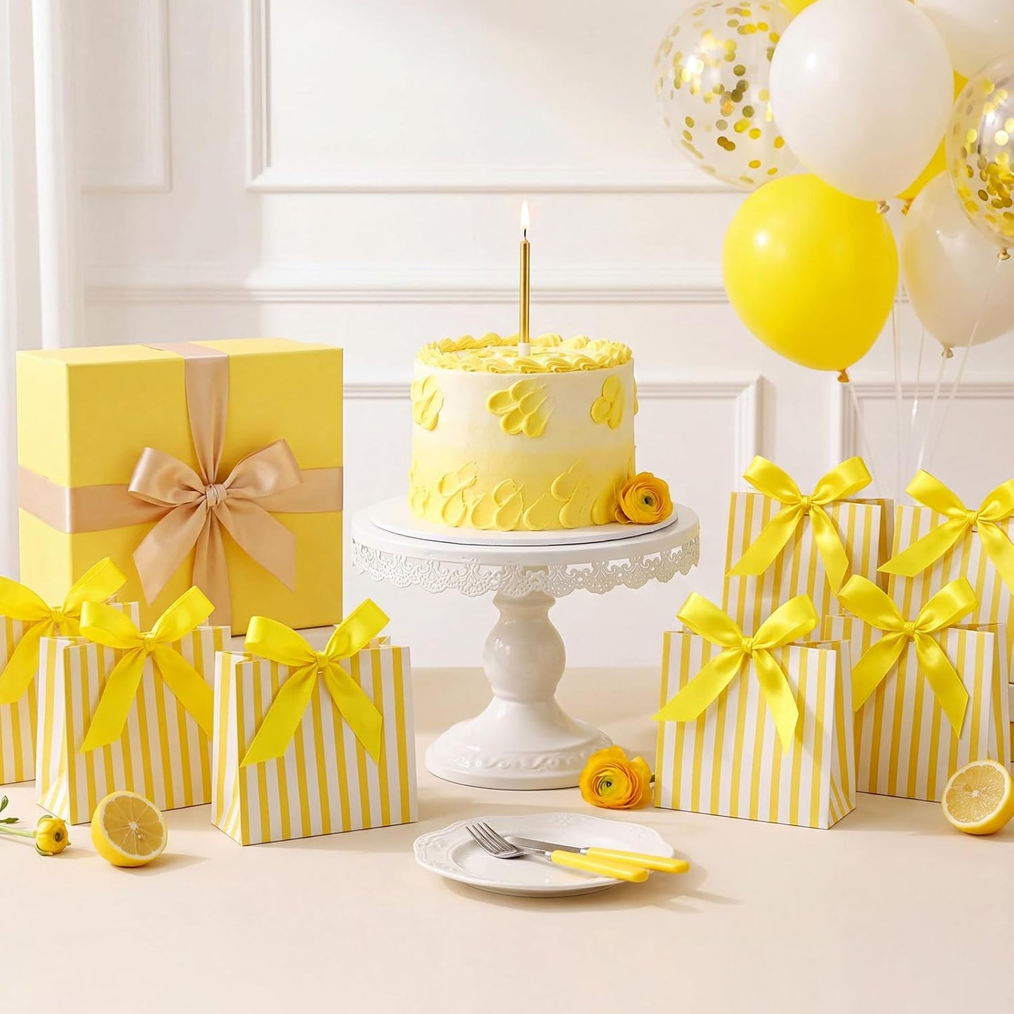 30 Pcs Small Yellow White Striped Gift Bags Blue Bachelorette Bags | 4.53 x 3.94 x 1.77 Inch, Mini Bachelorette Paper Bag with Ribbon, Wedding Candy Box, Bridal Baby Shower Party Favor
