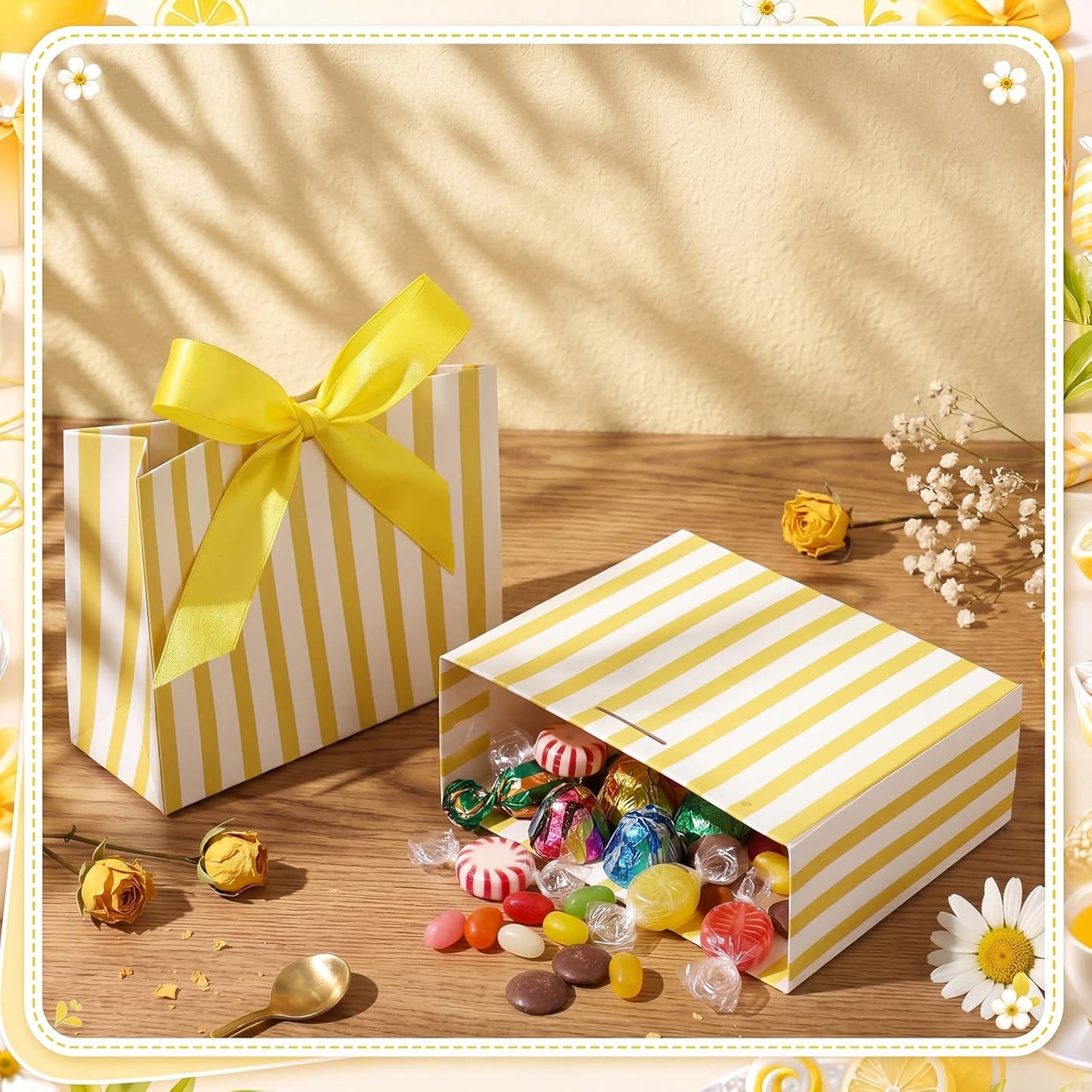 30 Pcs Small Yellow White Striped Gift Bags Blue Bachelorette Bags | 4.53 x 3.94 x 1.77 Inch, Mini Bachelorette Paper Bag with Ribbon, Wedding Candy Box, Bridal Baby Shower Party Favor