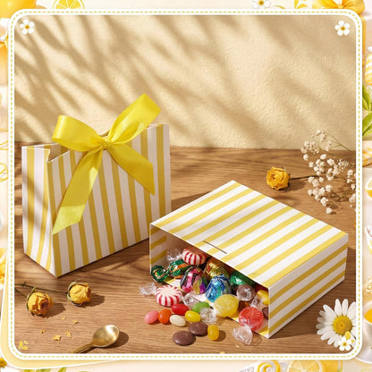 30 Pcs Small Yellow White Striped Gift Bags Blue Bachelorette Bags | 4.53 x 3.94 x 1.77 Inch, Mini Bachelorette Paper Bag with Ribbon, Wedding Candy Box, Bridal Baby Shower Party Favor