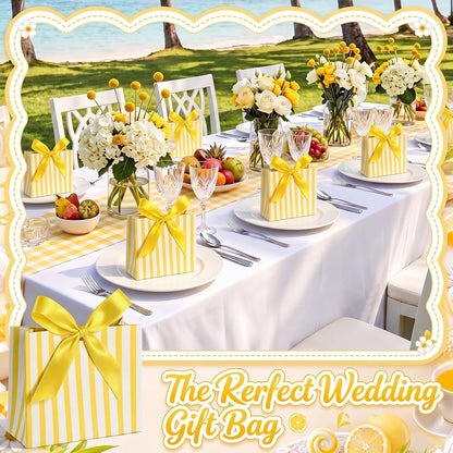 30 Pcs Small Yellow White Striped Gift Bags Blue Bachelorette Bags | 4.53 x 3.94 x 1.77 Inch, Mini Bachelorette Paper Bag with Ribbon, Wedding Candy Box, Bridal Baby Shower Party Favor
