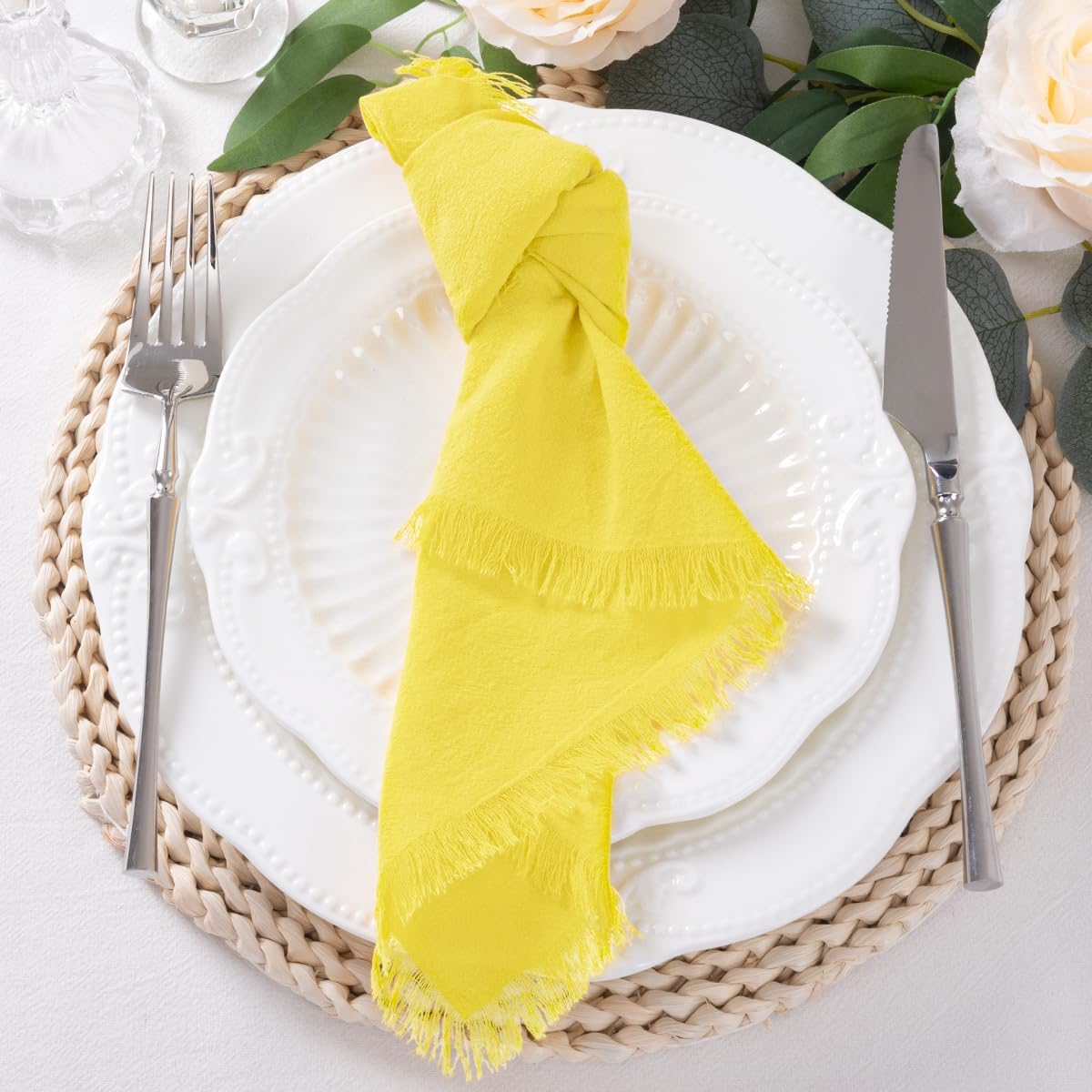 12 Pack Lemon Yellow Cotton Linen Napkins with Fringe Summer Cloth Napkins Set of 12 Boho Handmade Dinner Napkins Bulk for Wedding Bridal Baby Shower Parties, 17 x 17 Inches