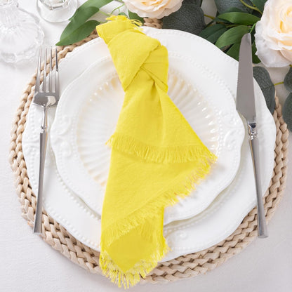 12 Pack Lemon Yellow Cotton Linen Napkins with Fringe Summer Cloth Napkins Set of 12 Boho Handmade Dinner Napkins Bulk for Wedding Bridal Baby Shower Parties, 17 x 17 Inches