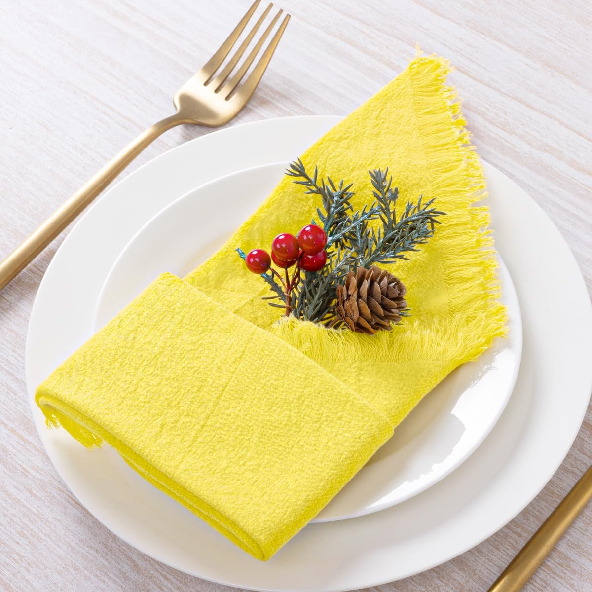 12 Pack Lemon Yellow Cotton Linen Napkins with Fringe Summer Cloth Napkins Set of 12 Boho Handmade Dinner Napkins Bulk for Wedding Bridal Baby Shower Parties, 17 x 17 Inches