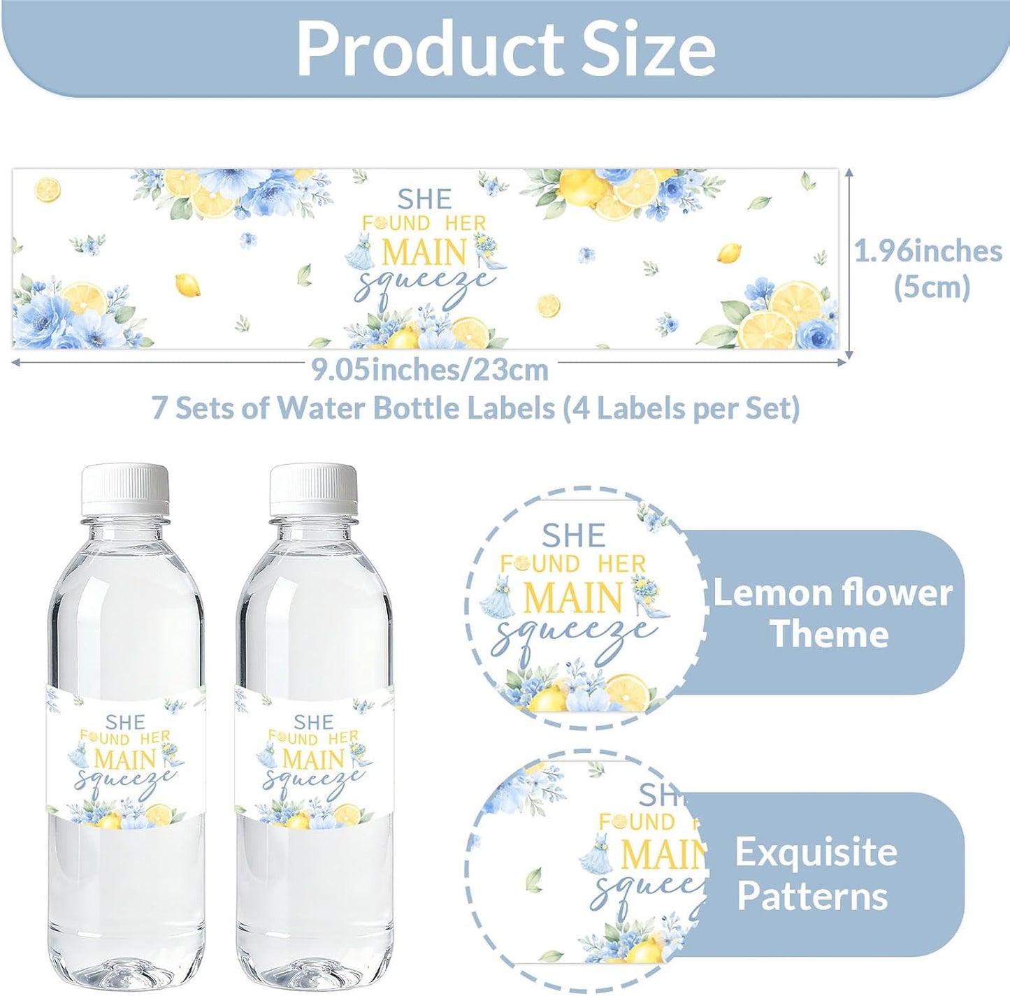She Found Her Main Squeeze Water Bottle Labels Lemon Bridal Shower Decorations Floral Citrus Bottle Wraps for Women Lemon Theme Bridal Shower Bachelorette Party Supplies