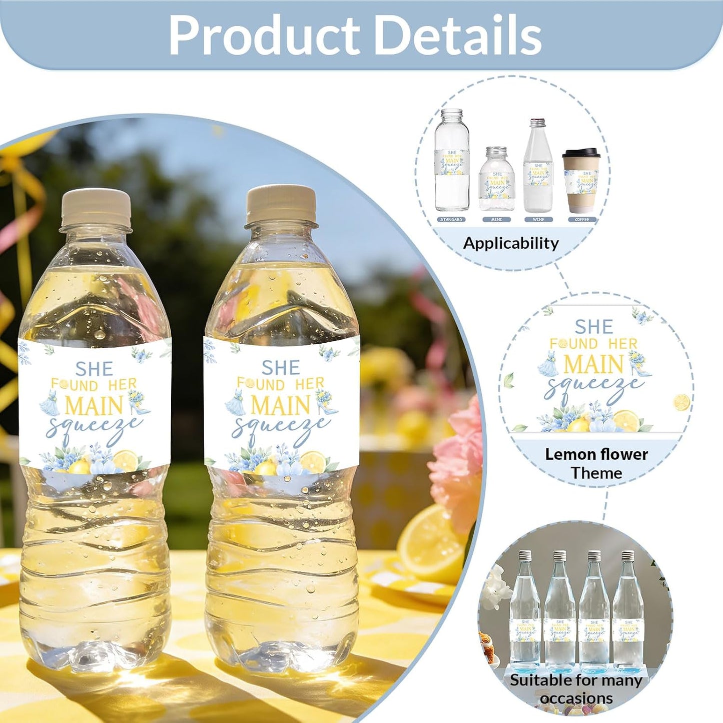 She Found Her Main Squeeze Water Bottle Labels Lemon Bridal Shower Decorations Floral Citrus Bottle Wraps for Women Lemon Theme Bridal Shower Bachelorette Party Supplies