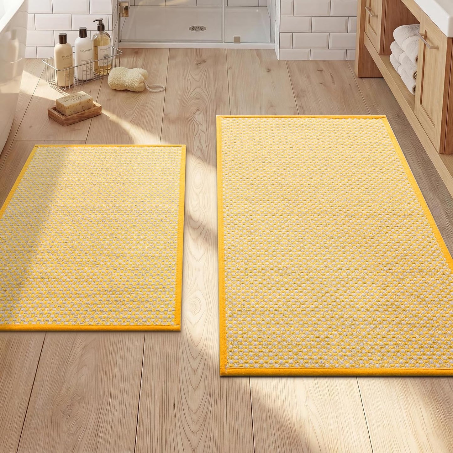 Thin Bath Mat Yellow Bathroom Rugs Sets 2 Pieces, Non Slip Absorbent Mats Quick Dry, Woven Rugs Washable, Tapetes para Baño for Bathroom Toilet,Bathtub(17"x24"+17"x32")