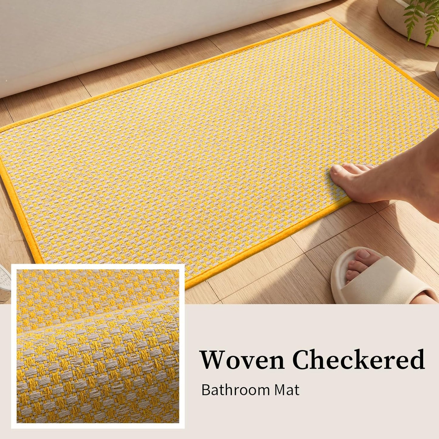 Thin Bath Mat Yellow Bathroom Rugs Sets 2 Pieces, Non Slip Absorbent Mats Quick Dry, Woven Rugs Washable, Tapetes para Baño for Bathroom Toilet,Bathtub(17"x24"+17"x32")
