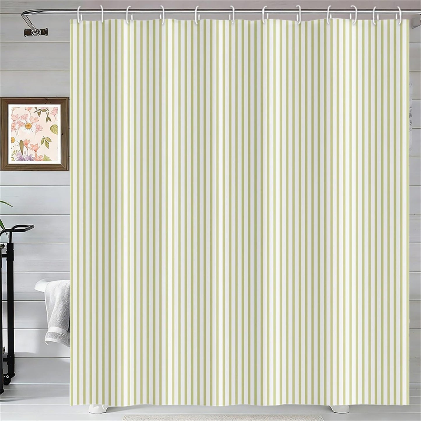 Abstract Stripes Shower Curtain Yellow Green Vertical Lines Modern Minimalist Shower Curtain with Hooks Waterproof Polyester Fabric for Bathtub Bathroom Decor, 72x72 Inch