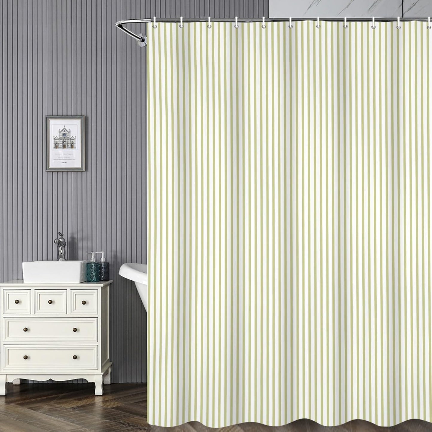 Abstract Stripes Shower Curtain Yellow Green Vertical Lines Modern Minimalist Shower Curtain with Hooks Waterproof Polyester Fabric for Bathtub Bathroom Decor, 72x72 Inch