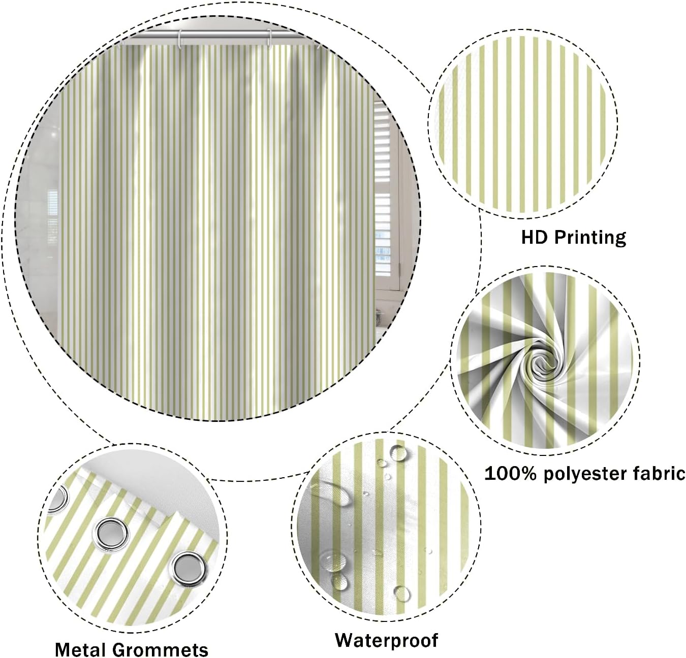 Abstract Stripes Shower Curtain Yellow Green Vertical Lines Modern Minimalist Shower Curtain with Hooks Waterproof Polyester Fabric for Bathtub Bathroom Decor, 72x72 Inch