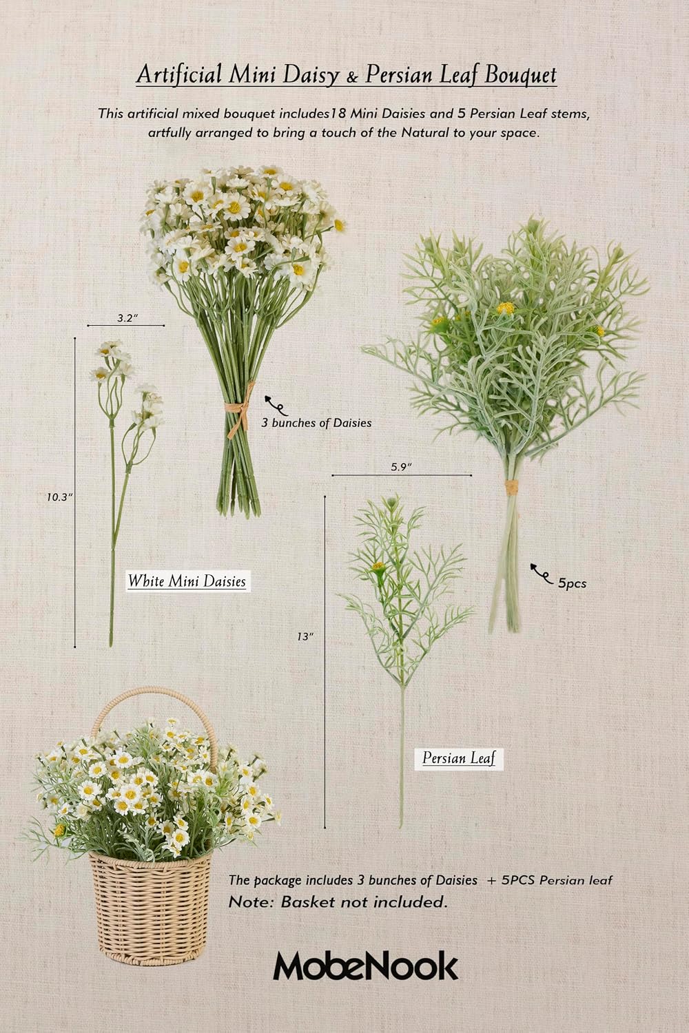 Artificial Wildflower Bouquet, Yellow Daisy Flowers for Home Decor | Includes 15 daisy stems and 5 greenery stems, creating a full wildflower bouquet for vase decor and floral arrangements.