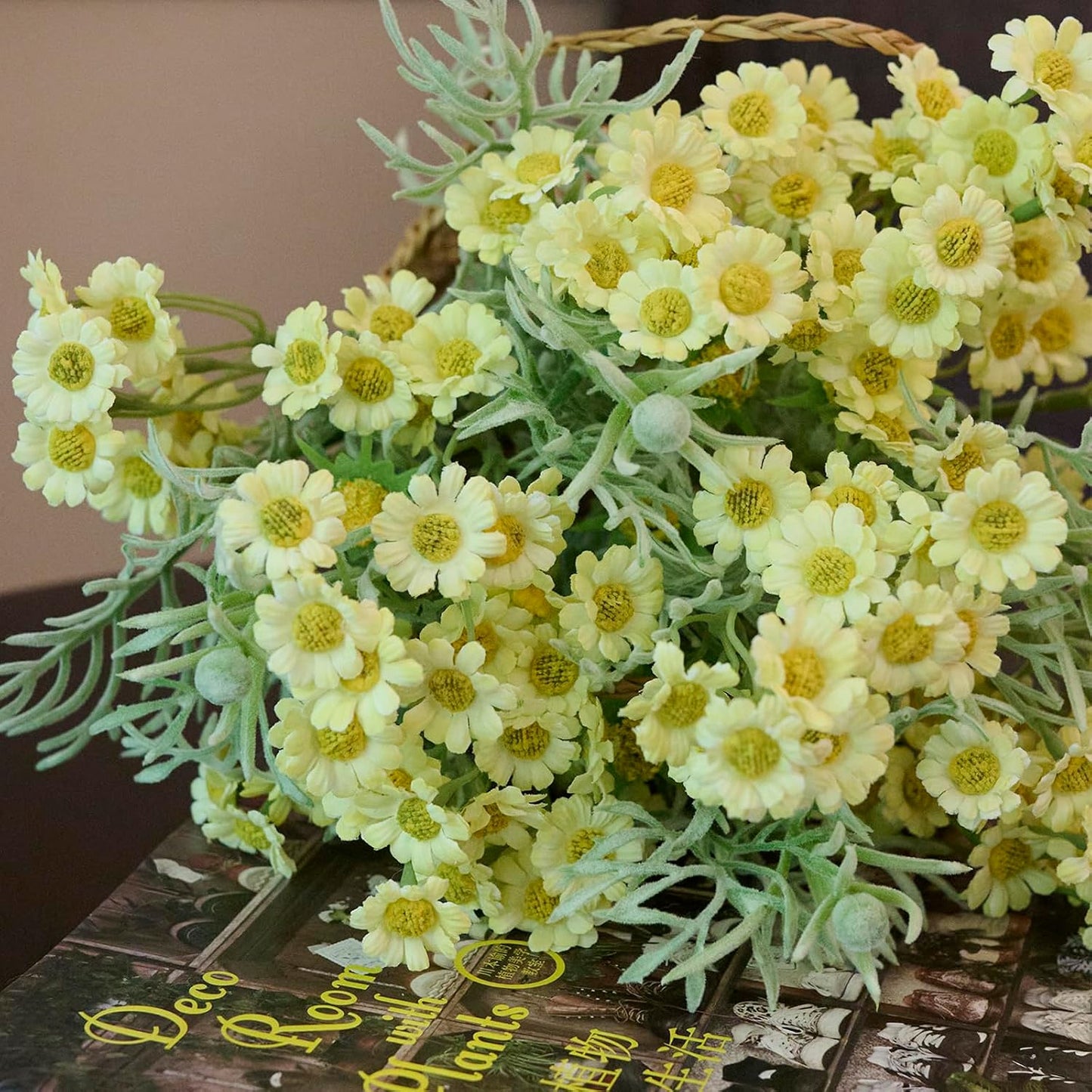 Artificial Wildflower Bouquet, Yellow Daisy Flowers for Home Decor | Includes 15 daisy stems and 5 greenery stems, creating a full wildflower bouquet for vase decor and floral arrangements.