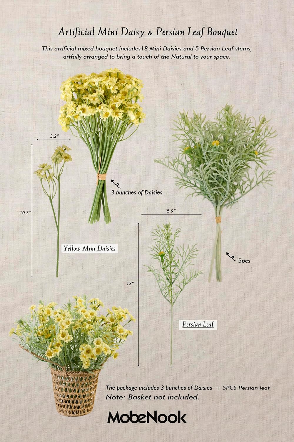Artificial Wildflower Bouquet, Yellow Daisy Flowers for Home Decor | Includes 15 daisy stems and 5 greenery stems, creating a full wildflower bouquet for vase decor and floral arrangements.