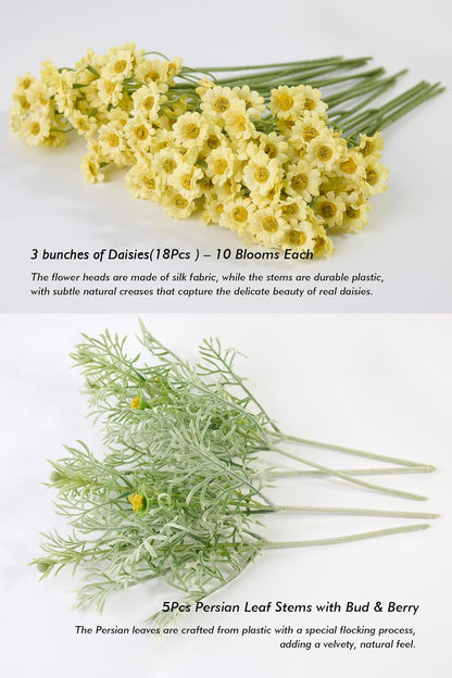 Artificial Wildflower Bouquet, Yellow Daisy Flowers for Home Decor | Includes 15 daisy stems and 5 greenery stems, creating a full wildflower bouquet for vase decor and floral arrangements.