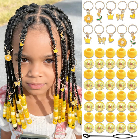 50PCS Yellow Hair Jewelry for Braids Acrylic Round Beads for Hair Daisy Flower Rose Braids Clips Iridescent Loc Beads Dreadlock Jewelry Hair Accessories for Kids Girls