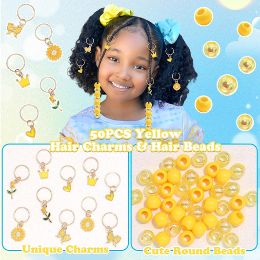 50PCS Yellow Hair Jewelry for Braids Acrylic Round Beads for Hair Daisy Flower Rose Braids Clips Iridescent Loc Beads Dreadlock Jewelry Hair Accessories for Kids Girls