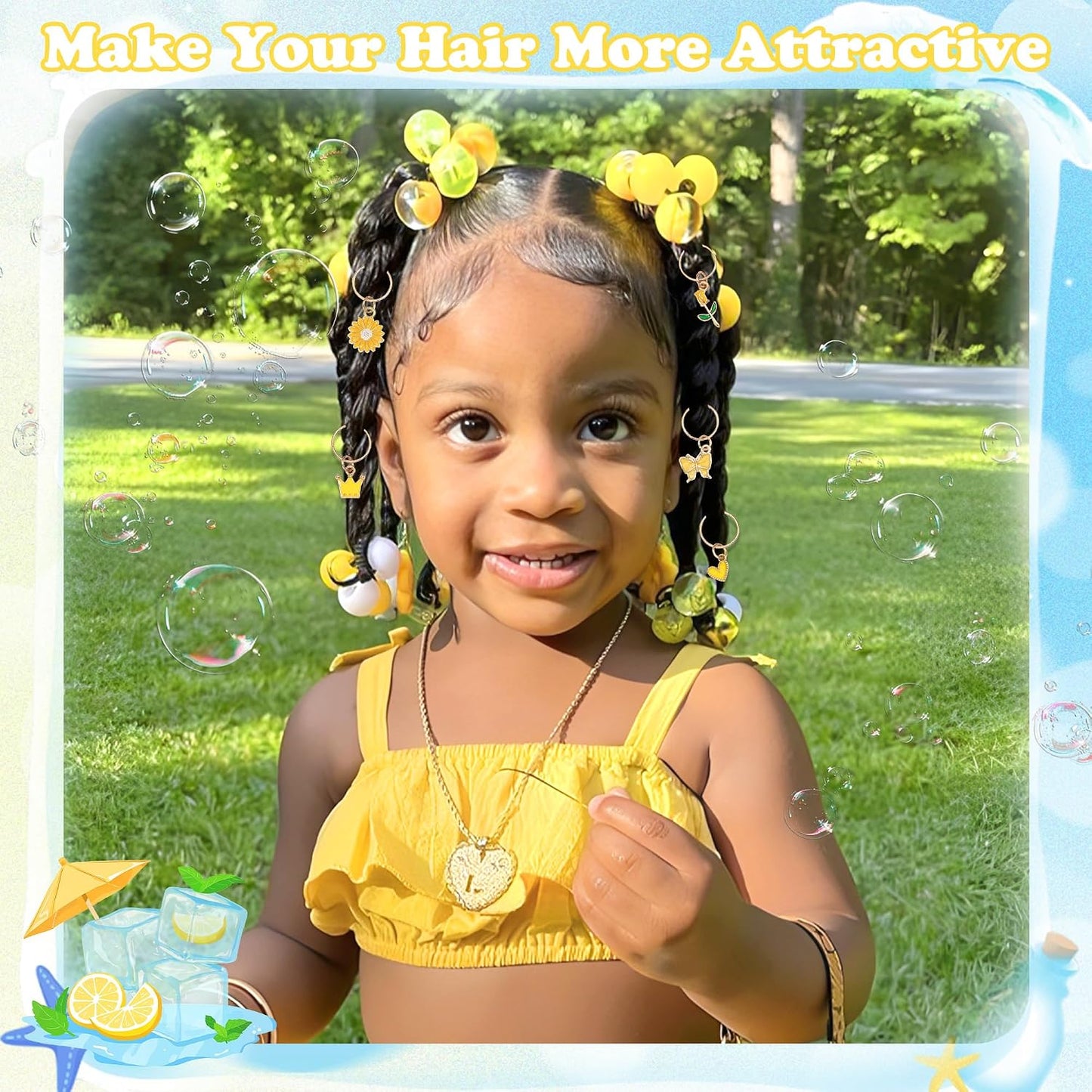 50PCS Yellow Hair Jewelry for Braids Acrylic Round Beads for Hair Daisy Flower Rose Braids Clips Iridescent Loc Beads Dreadlock Jewelry Hair Accessories for Kids Girls