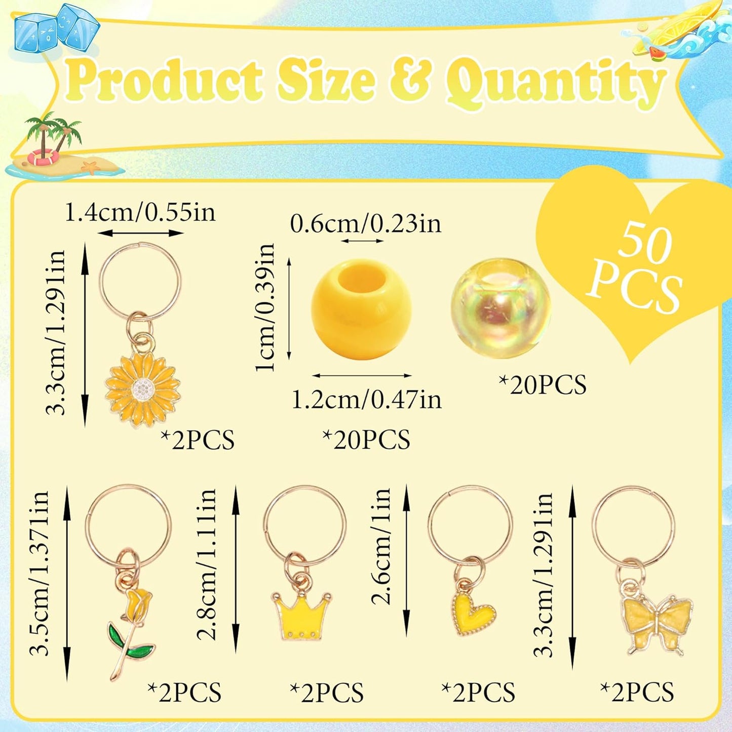 50PCS Yellow Hair Jewelry for Braids Acrylic Round Beads for Hair Daisy Flower Rose Braids Clips Iridescent Loc Beads Dreadlock Jewelry Hair Accessories for Kids Girls