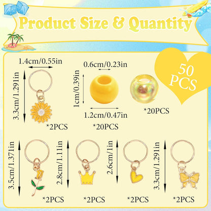 50PCS Yellow Hair Jewelry for Braids Acrylic Round Beads for Hair Daisy Flower Rose Braids Clips Iridescent Loc Beads Dreadlock Jewelry Hair Accessories for Kids Girls