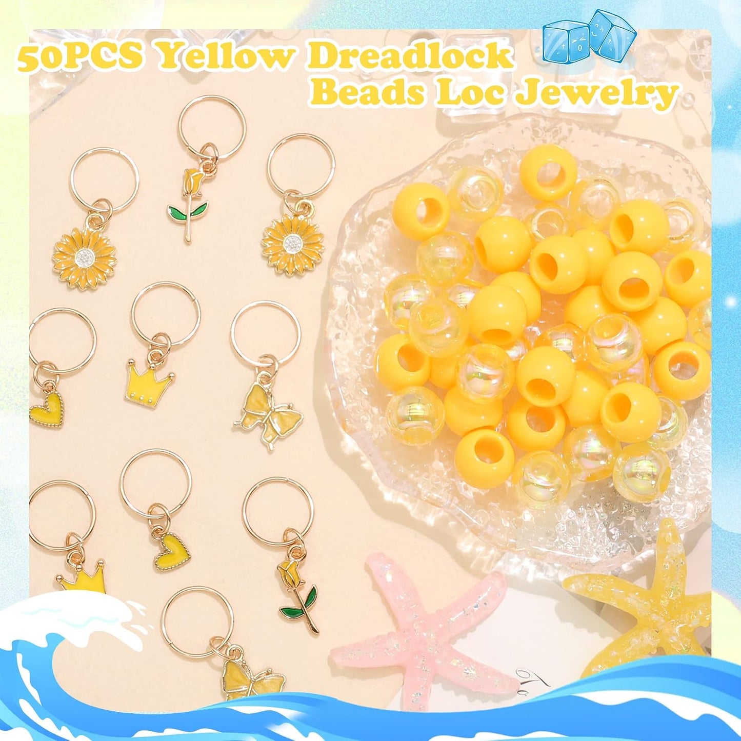 50PCS Yellow Hair Jewelry for Braids Acrylic Round Beads for Hair Daisy Flower Rose Braids Clips Iridescent Loc Beads Dreadlock Jewelry Hair Accessories for Kids Girls