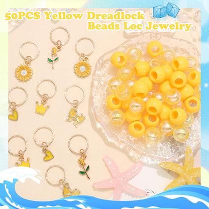 50PCS Yellow Hair Jewelry for Braids Acrylic Round Beads for Hair Daisy Flower Rose Braids Clips Iridescent Loc Beads Dreadlock Jewelry Hair Accessories for Kids Girls