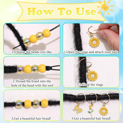 50PCS Yellow Hair Jewelry for Braids Acrylic Round Beads for Hair Daisy Flower Rose Braids Clips Iridescent Loc Beads Dreadlock Jewelry Hair Accessories for Kids Girls