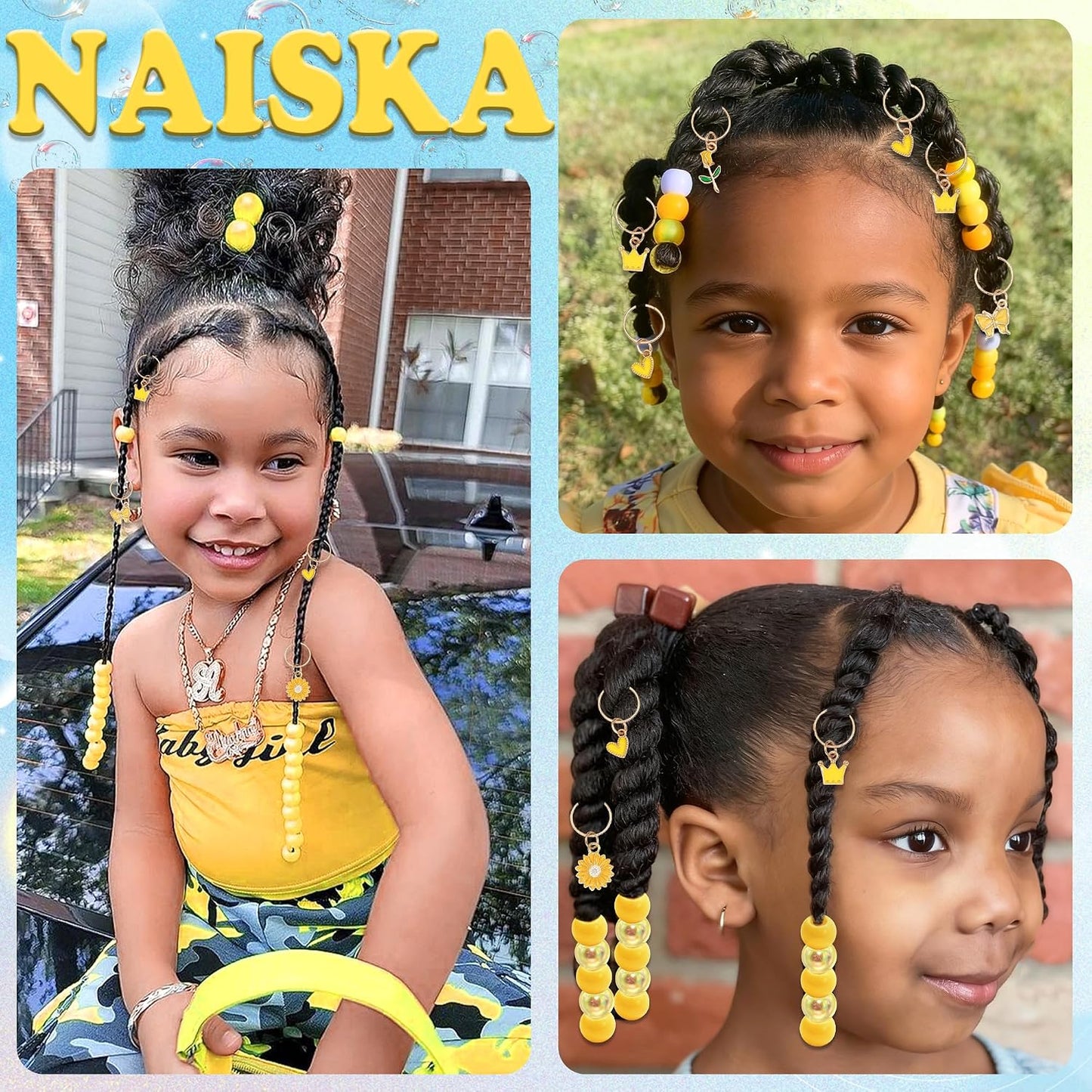 50PCS Yellow Hair Jewelry for Braids Acrylic Round Beads for Hair Daisy Flower Rose Braids Clips Iridescent Loc Beads Dreadlock Jewelry Hair Accessories for Kids Girls