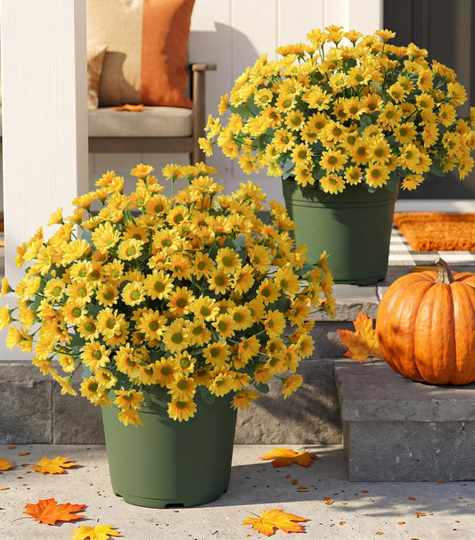 Artificial Mums for Outdoors Fall Decor, 6 Bundles Fake Flowers UV Resistant Realistic Faux Flowers Bouquet Silk Flowers for Outside Planter Porch Patio Garden Yard Balcony Home, Yellow