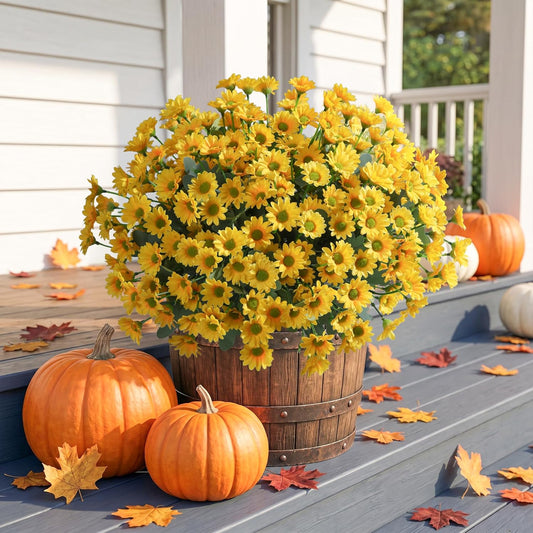 Artificial Mums for Outdoors Fall Decor, 6 Bundles Fake Flowers UV Resistant Realistic Faux Flowers Bouquet Silk Flowers for Outside Planter Porch Patio Garden Yard Balcony Home, Yellow