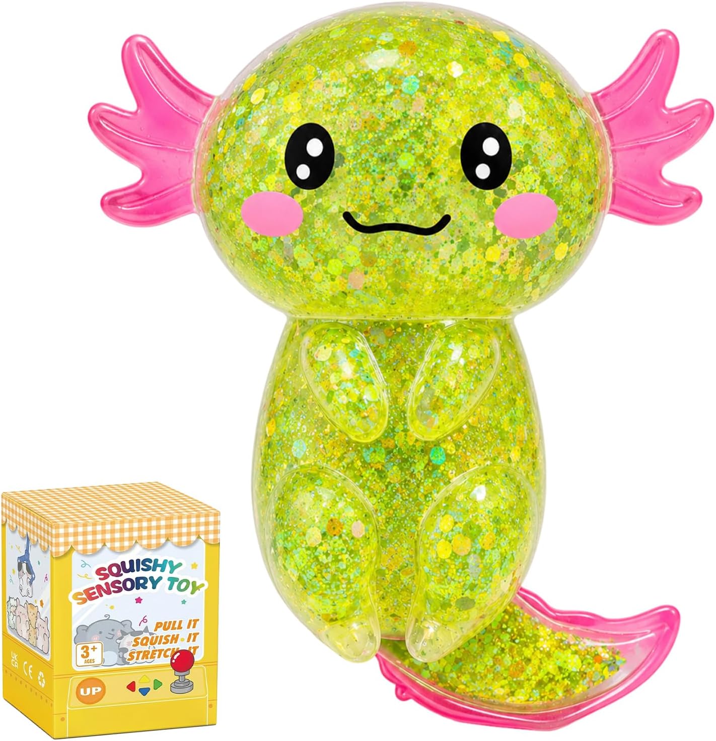Axolotl Squishy Stress Toy Relief Glitter Fidget,Cute Long Tail Axolotl Squishy Toy for Kids & Adults, Squishy Gifts Salamander for Party Birthday (Yellow)