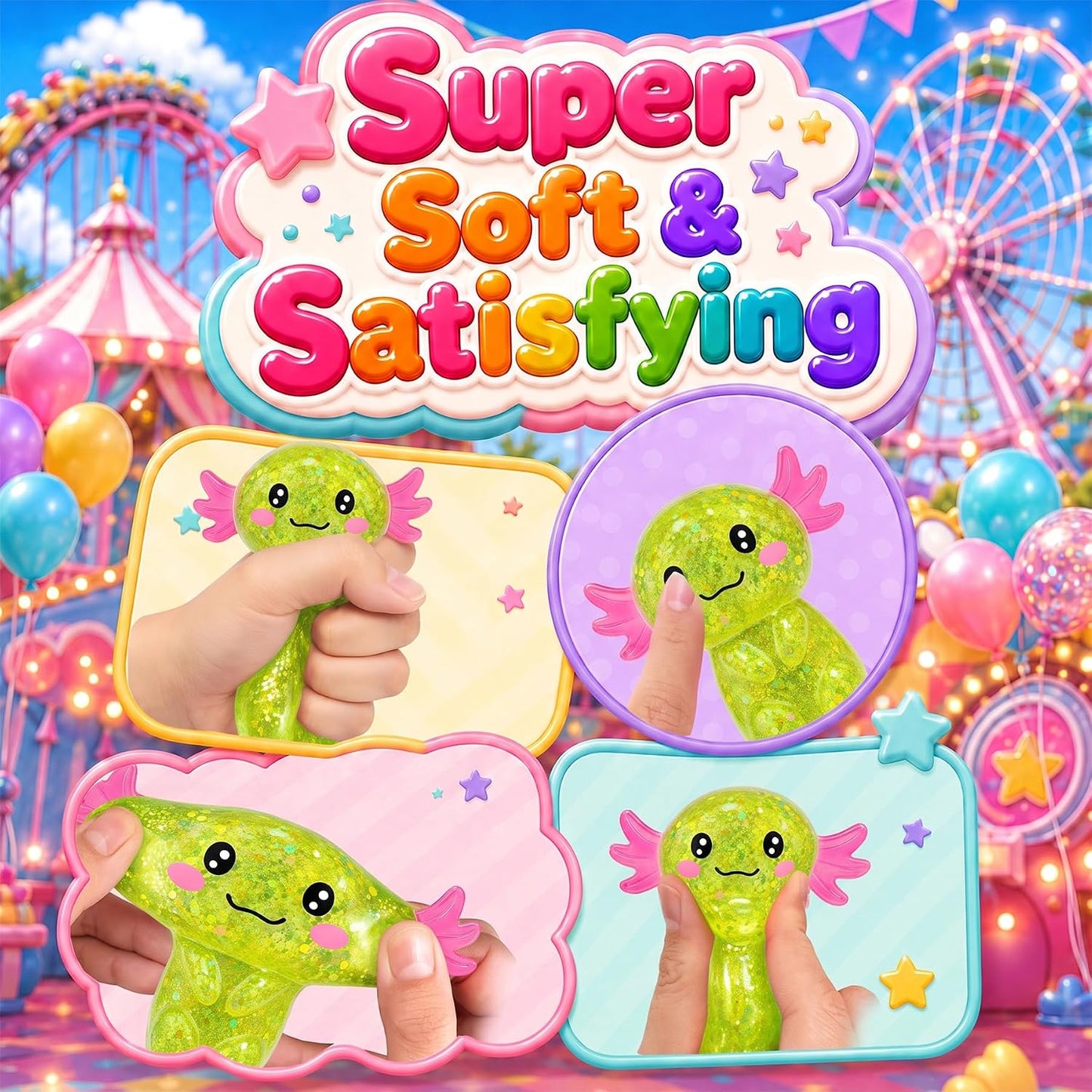 Axolotl Squishy Stress Toy Relief Glitter Fidget,Cute Long Tail Axolotl Squishy Toy for Kids & Adults, Squishy Gifts Salamander for Party Birthday (Yellow)